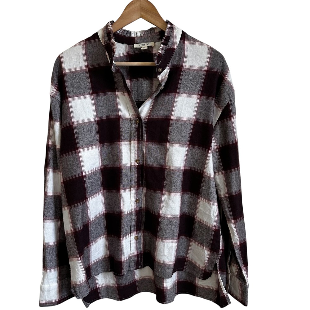 Como Blu Plaid Flannel Shirt Ruffle Collar Long Sleeve Button Down Top M‎